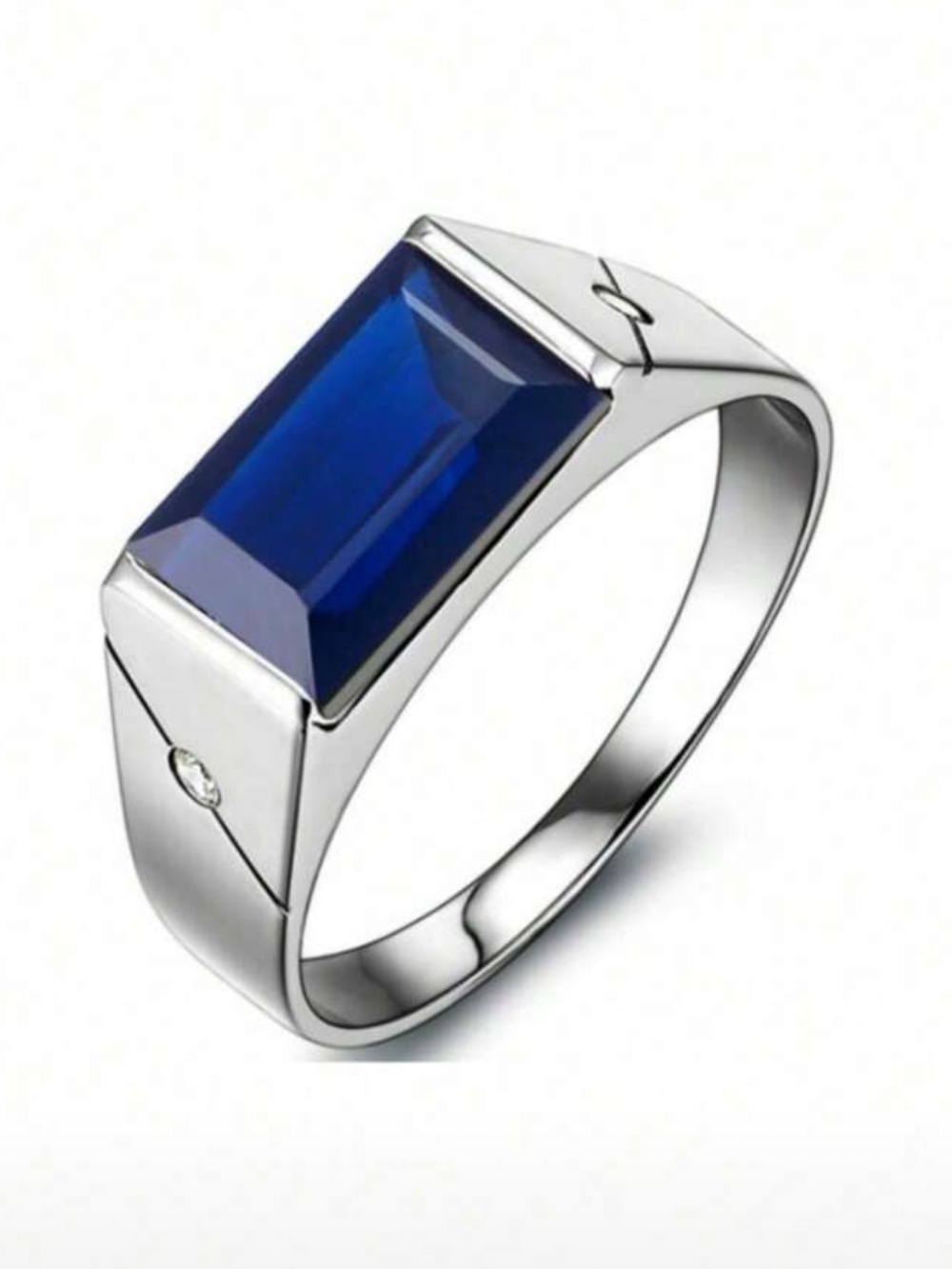 Silver Tone Men's Ring with Deep Blue Cubic Zirconia Rectangular Gem